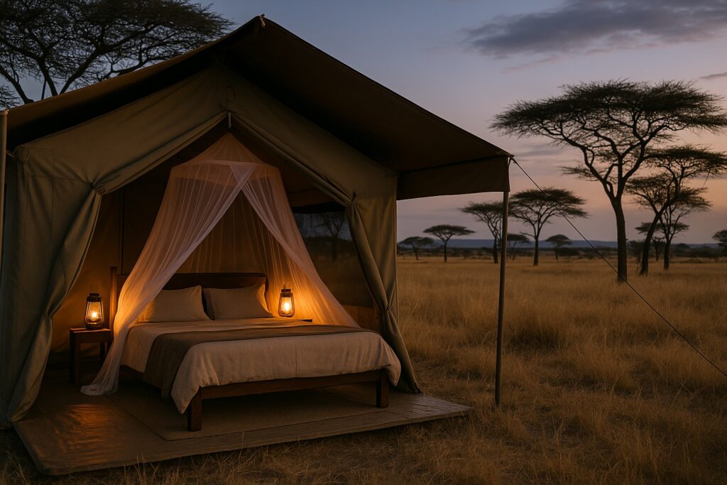 Safari-Zeltlodge in der Savanne Tansanias in der Abenddämmerung, Bett unter einem Moskitonetz