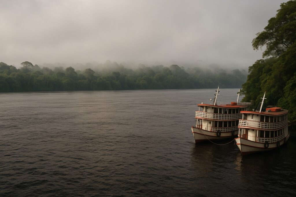 Traditionelle Flussschiffe am Rio Negro bei Manaus im Morgendunst, Regenwald am Ufer